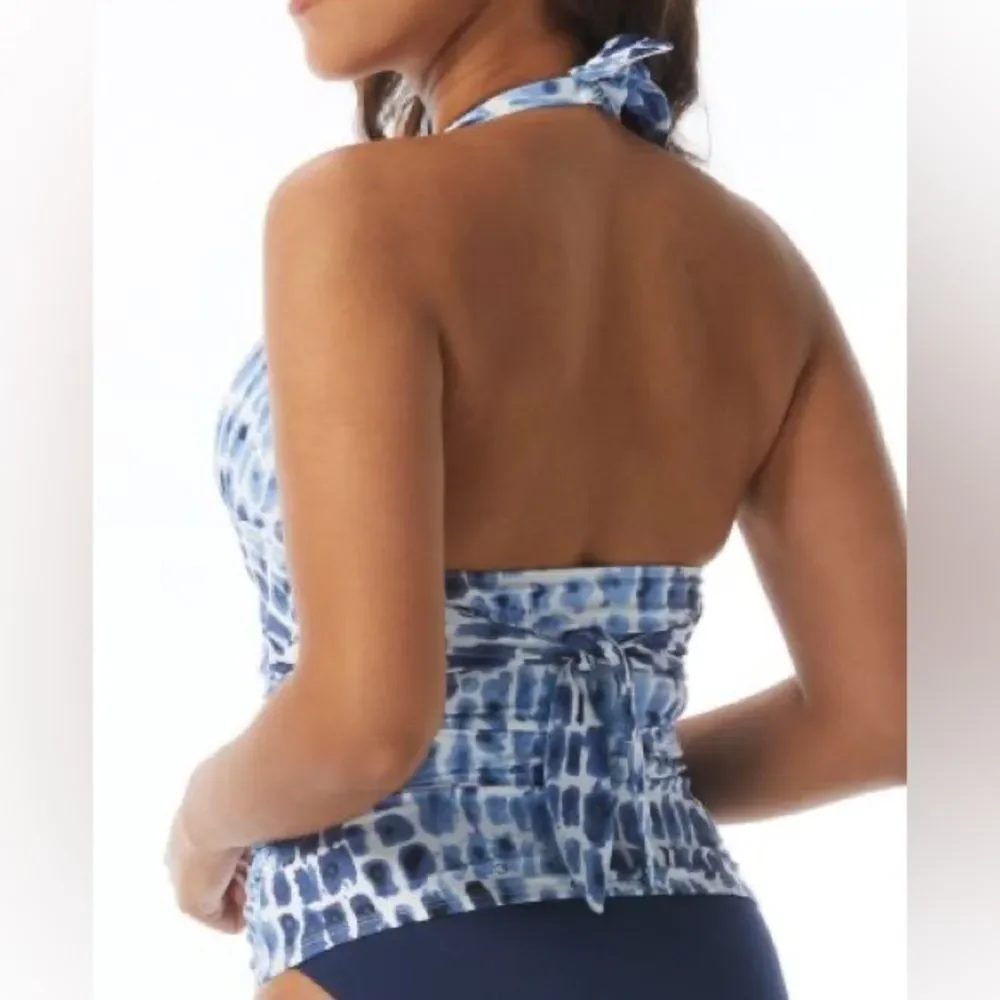 NWOT CARMEN MARC VALVO | Blue White Amalfi Coast Shirred‎ Halter Tankini L
